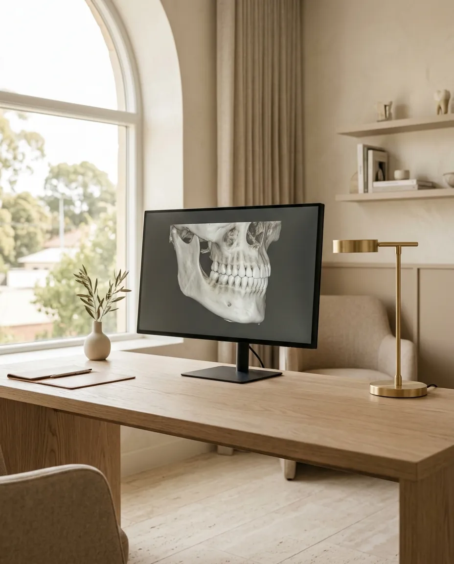 A 3D scan of a jaw on a monitor in a calm consulting room