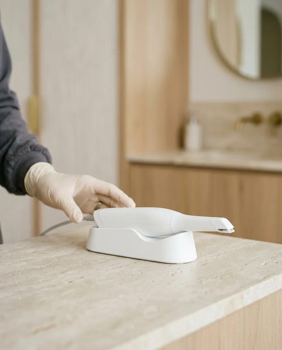 An intraoral scanner resting in its cradle on a stone counter